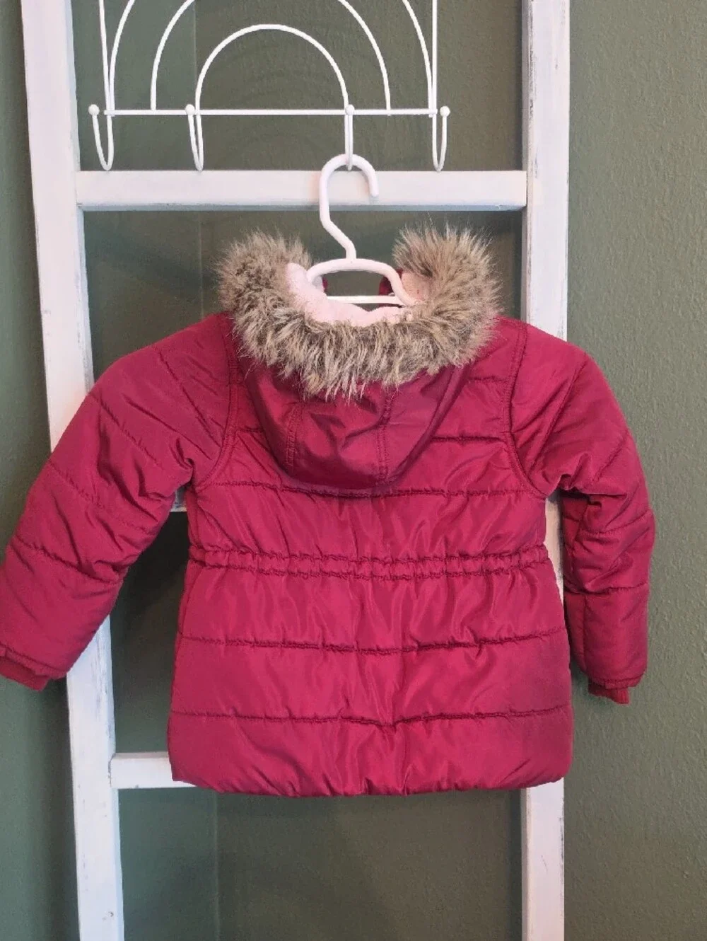 Carter's Hooded Puffer Jacket in Burgundy with Faux-Fur Trim